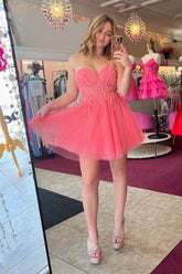 Misshow A-Line Pink Sweetheart Corset Tulle Short Homecoming Dress/Mini Dress with Appliques